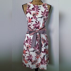Daniel Cremieux White Midi Dress with Pink Floral Print and Patterned Bow